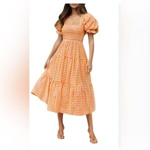 Zesica Plaid Square Neck /Puff Sleeve / Tiered / Ruffled Midi Dress Size Medium